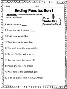 worksheet for ending puncturation 1 with pictures and words on it