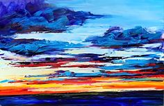 an abstract painting with blue, orange and red colors in the sky on canvases