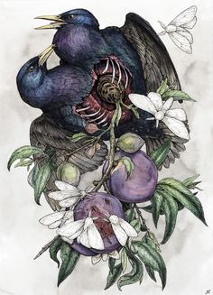 a drawing of two birds sitting on top of some flowers and fruit, one is eating the other