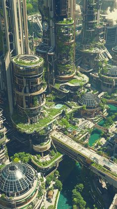 an aerial view of a futuristic city with lots of green plants growing on the buildings