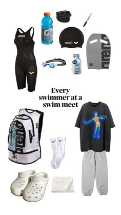 the contents of a swimsuit and swimming gear are shown in this graphic style image