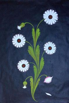 a painting of white flowers on a blue background with green stems and leaves in the center