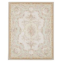 a rug with an ornate design on the center and sides, in light blue tones