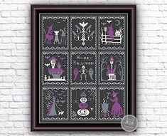 a cross stitch pattern with purple and black designs on it, depicting the halloween scene