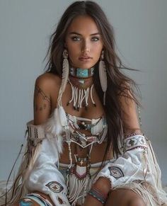 a beautiful woman sitting on top of a bed next to a white wall and wearing jewelry