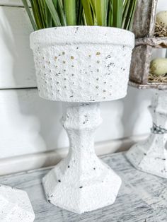 a potted plant sitting on top of a table next to two baskets filled with eggs