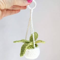 a crocheted plant hanging from a white string with a green leaf on it