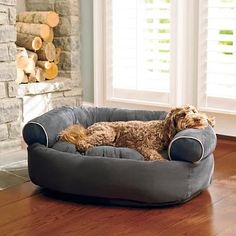 a dog is laying in his bed on the floor by the fire place and window