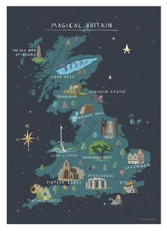 an illustrated map of the uk with all its major cities and their respective locations in blue