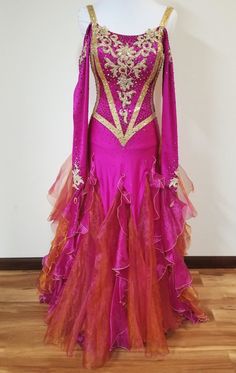 Dynasty Fitted Purple Gown For Pageant, Gold Fitted Gown For Pageant, Fitted Purple Dance Dress, Fitted Purple Dress For Dance, Fitted Belly Dance Dress, Purple Fitted Dress For Ballroom, Gold Fitted Dance Dress, Gold Fitted Dress For Dance, Fitted Sequin Dance Dress