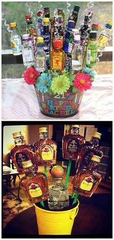 two pictures one with liquor bottles and the other with flowers in a yellow flower pot