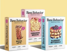 three boxes of different flavored desserts on a yellow and pink background with the words best behavior