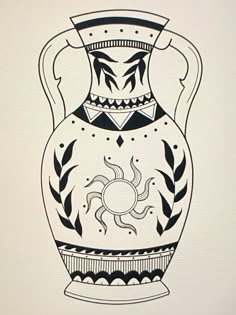 a black and white drawing of a vase with sun design on the bottom, in front of a white background