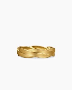 a gold wedding band with twisted design on the outside and inside, set against a white background