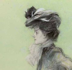 a drawing of a woman wearing a hat with feathers on it's head and neck