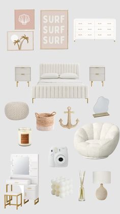 an assortment of white furniture and decor items