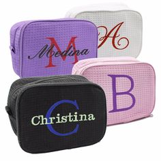 three personalized cosmetic bags in different colors