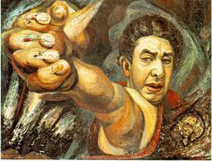 a painting of a man holding something in one hand and pointing it at the viewer