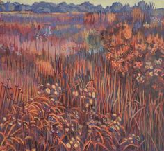 an oil painting of tall grass and flowers