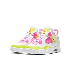 This Kids Nike Air Jordan 4 Retro GS "White Lemon Pink" continues the excellence of the AJ4 line. This pair is using kids favorite colors neon Lemon Venom/Pink Blast on the white to create irresistible cuteness. With AJ4's signature visible Air-Sole unit and red inner softpad, all kids are gonna wear this all day long. Jordan Shoes For Kids, Cute Jordans, Nike Shoes Women Fashion, Pink Nike Shoes, Pretty Sneakers, Shoes For School, Back To School Shoes, Preppy Shoes, Jordan Shoes Retro