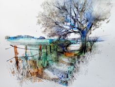 an abstract painting of a tree and fence