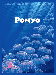 the movie poster for ponyo, with jellyfishs floating in blue and pink