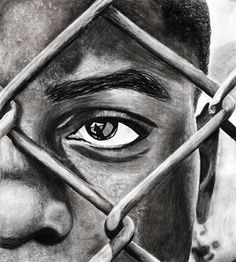 a pencil drawing of a man's face behind bars