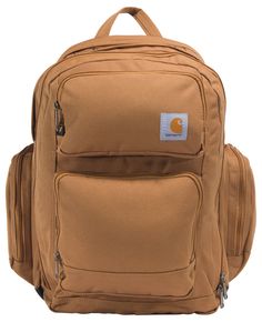 a brown backpack with the logo of a car on it's front and side pockets