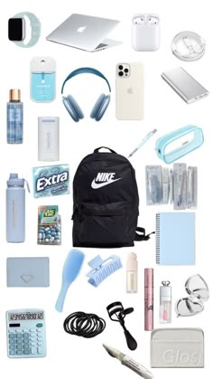 the contents of a backpack are arranged neatly on a white background, including headphones, earbuds, and other items