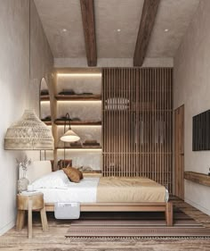 a bed sitting in a bedroom next to a wooden shelf