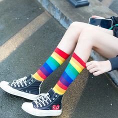 1 Pair Colors Rainbow Striped Women Sock New Arrival Elasticity Sweat Women Long Sock Sporty Meias Full Rainbow, Happy Rainbow, Rainbow Socks, Sweat Women, Spring Girl, Rainbow Sweater, Fits Inspo, Concert Fits, Striped Socks