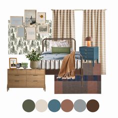 the bedroom is decorated in shades of blue, green and brown