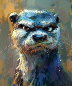 a painting of an otter looking at the camera with blue and yellow paint on it's face