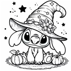 a cartoon character with a witches hat and pumpkins