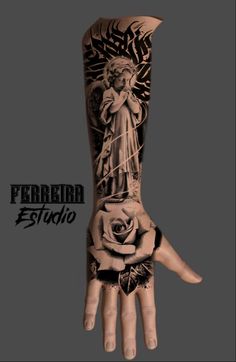 a hand with tattoos on it and the words ferreti estudio written in black