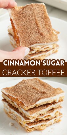 cinnamon sugar cracker toffes on a white plate with text overlay that reads, cinnamon sugar cracker toffe