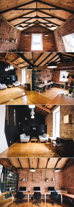 the inside of a building with wood flooring and exposed beams on the ceiling is shown in three different angles