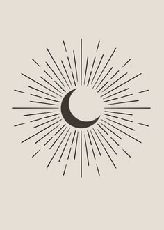 a black and white drawing of the moon with sunbursts in the background