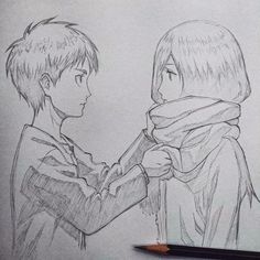 pencil drawing of two people facing each other with scarfs on their heads and hands