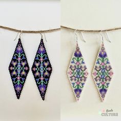 three beaded earrings hanging from a line next to each other on a white wall