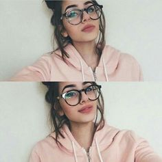 two pictures of a woman wearing glasses