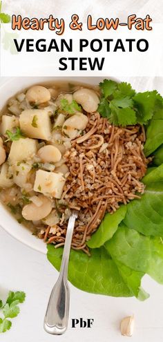 a bowlful of healthy potato stew with text "hearty & low fat vegan potato stew "