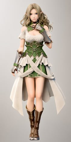 a woman dressed in green and white holding two swords