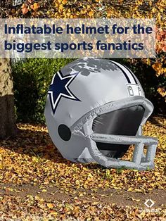 a football helmet with the words inflatable helmet for the biggest sports fanaticss