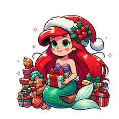 the little mermaid is holding presents in her hand and wearing a santa claus hat, sitting on