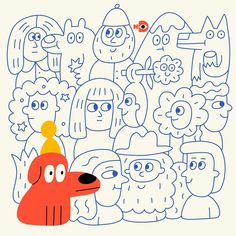 an image of a cartoon dog surrounded by other dogs and cats in blue lines on a white background