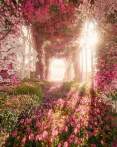 a garden with pink flowers and lots of greenery on the ground, in front of an archway