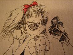 a drawing of a girl with sunglasses and a red bow on her head holding a hairdryer