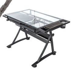 a computer desk with a glass top and metal frame on the bottom, in front of a white background