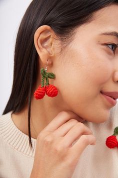 Add a touch of playful elegance to your accessory collection with our Cherry Handmade Knit Earrings in Red. These unique earrings are crafted with meticulous attention to detail, combining artisanal craftsmanship with a whimsical design that is sure to turn heads.  Each pair of earrings is handmade, featuring intricately knitted cherry motifs in vibrant red yarn.  The Cherry Handmade Knit Earrings are designed with high-quality materials, ensuring durability and a beautiful finish. The hooks are Dad Jewelry, June Birthstone Jewelry, Pin Jewelry, Gifts For New Mums, Pearl Jewellery Earrings, Mens Jewelry Bracelet, Handmade Knitting, June Birth Stone, Unique Earrings